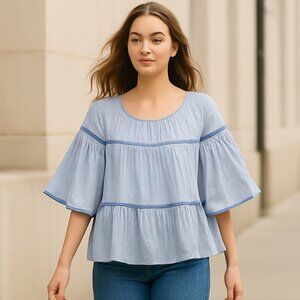 Max Studio Light Blue/white Subtle Striped relaxed fit Blouse Size XL